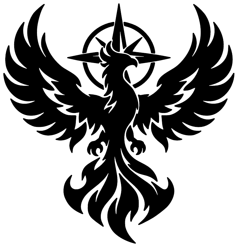 Phoenix flame emblem vinyl decal, black phoenix head with wings and flame tail on white