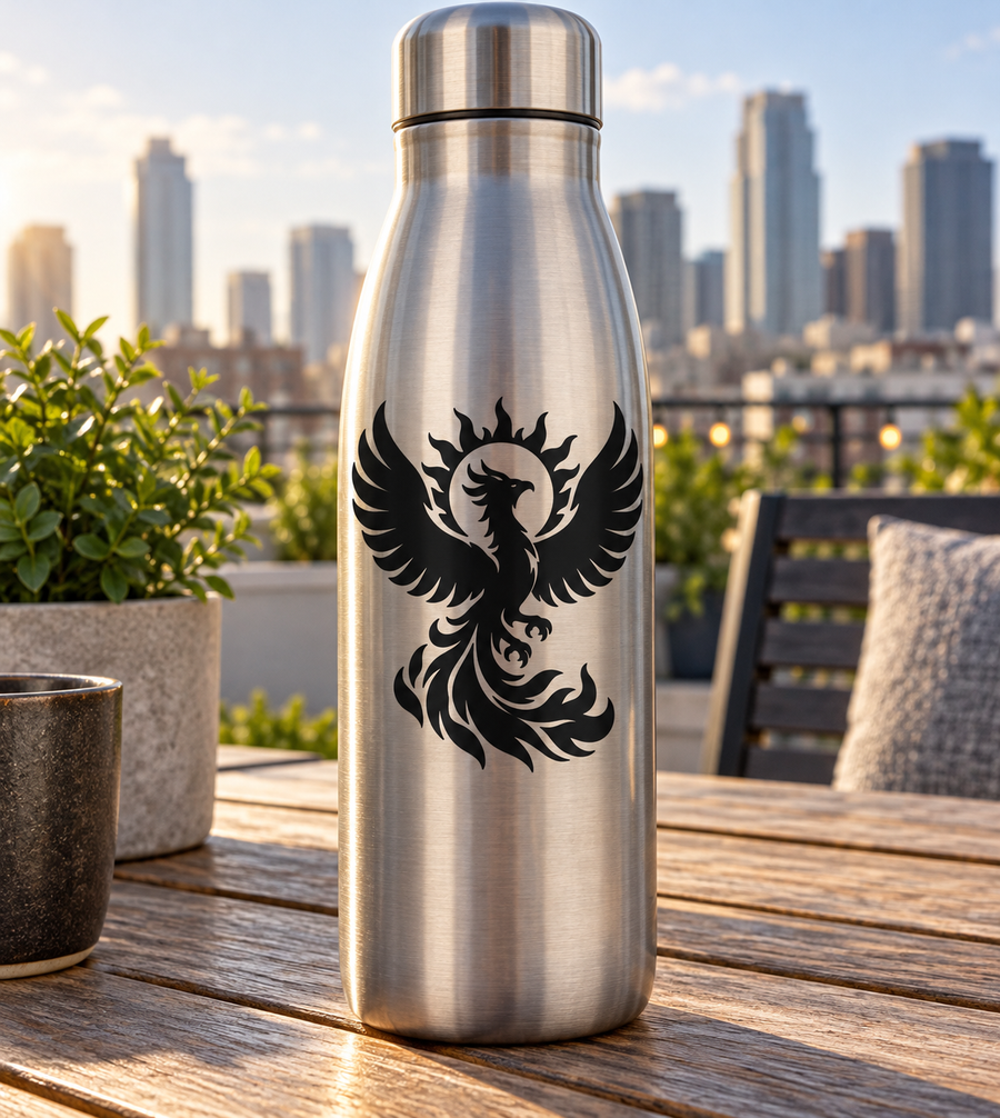 Phoenix wing vinyl decal with black phoenix emblem on a stainless steel bottle