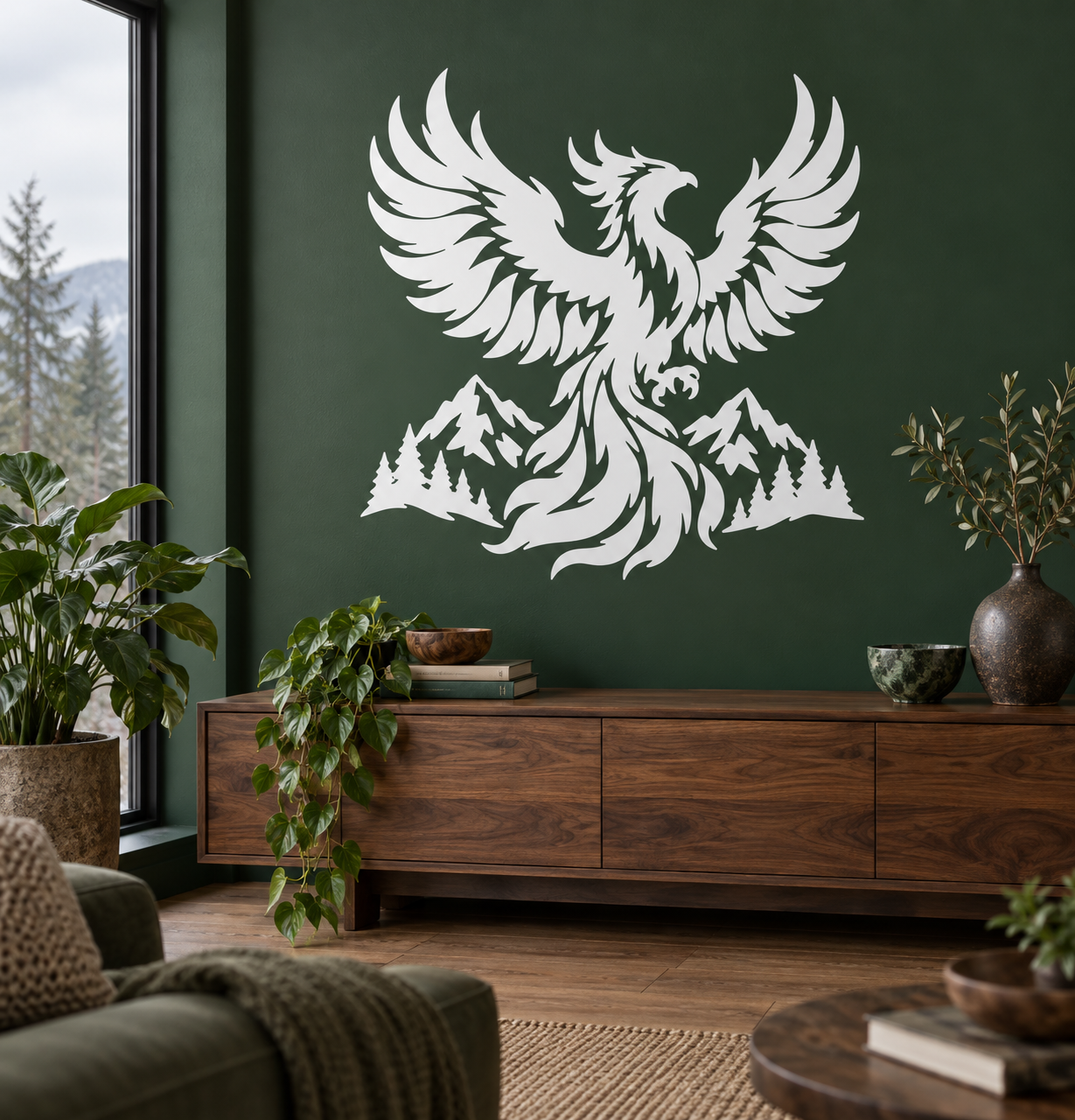 Phoenix bird vinyl decal with wings spread over mountain and forest scene, white