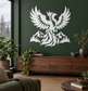 Phoenix bird vinyl decal with wings spread over mountain and forest scene, white