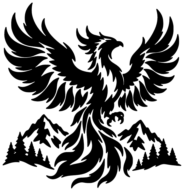 Large phoenix bird vinyl decal with wings spread over mountain silhouette and forest, black