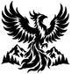 Large phoenix bird vinyl decal with wings spread over mountain silhouette and forest, black