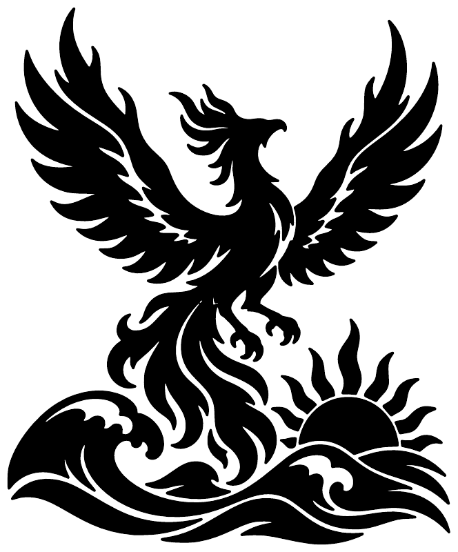 Black phoenix with flames above waves and sunburst vinyl decal