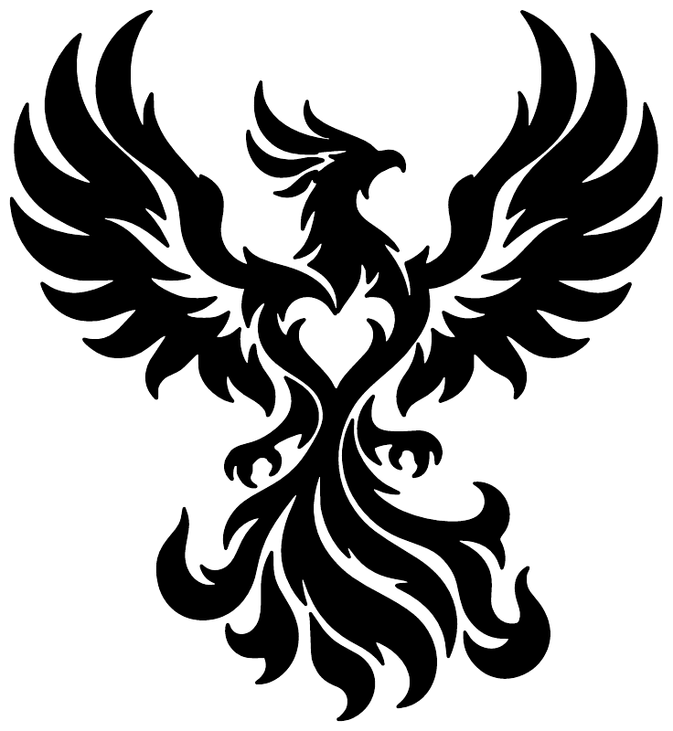 Black phoenix flame vinyl decal with heart-shaped center and spread wings