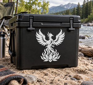 Phoenix and lotus flame vinyl decal on black surface, white wing emblem