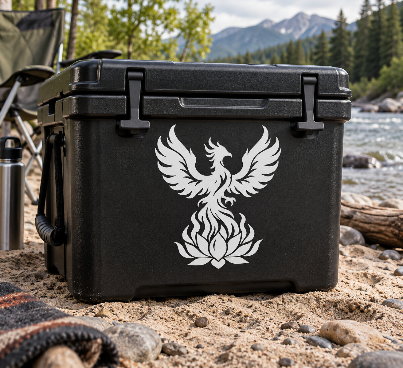 Phoenix and lotus flame vinyl decal on black surface, white wing emblem