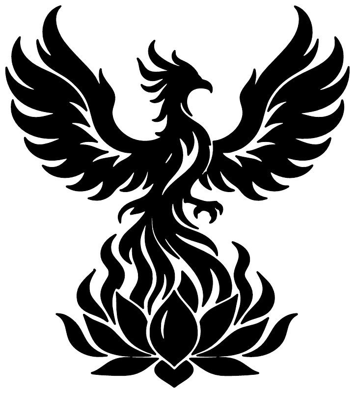 Phoenix and flame lotus vinyl decal, black silhouette with wings and bird