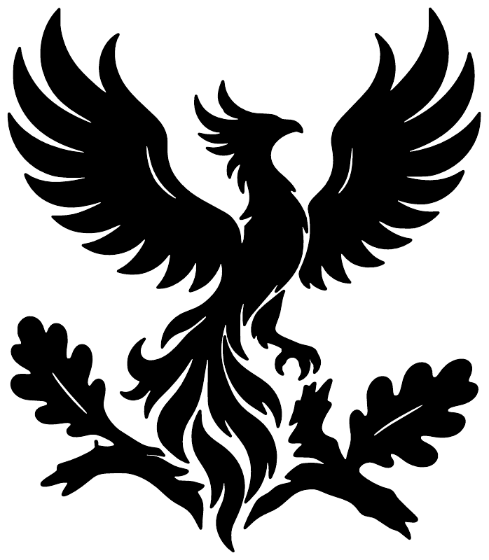 Black phoenix vinyl decal with spread wings and oak leaves, bold silhouette