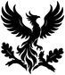 Black phoenix vinyl decal with spread wings and oak leaves, bold silhouette