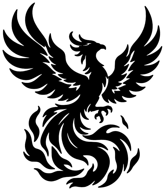 Black phoenix vinyl decal with spiral flame-tail, wings spread