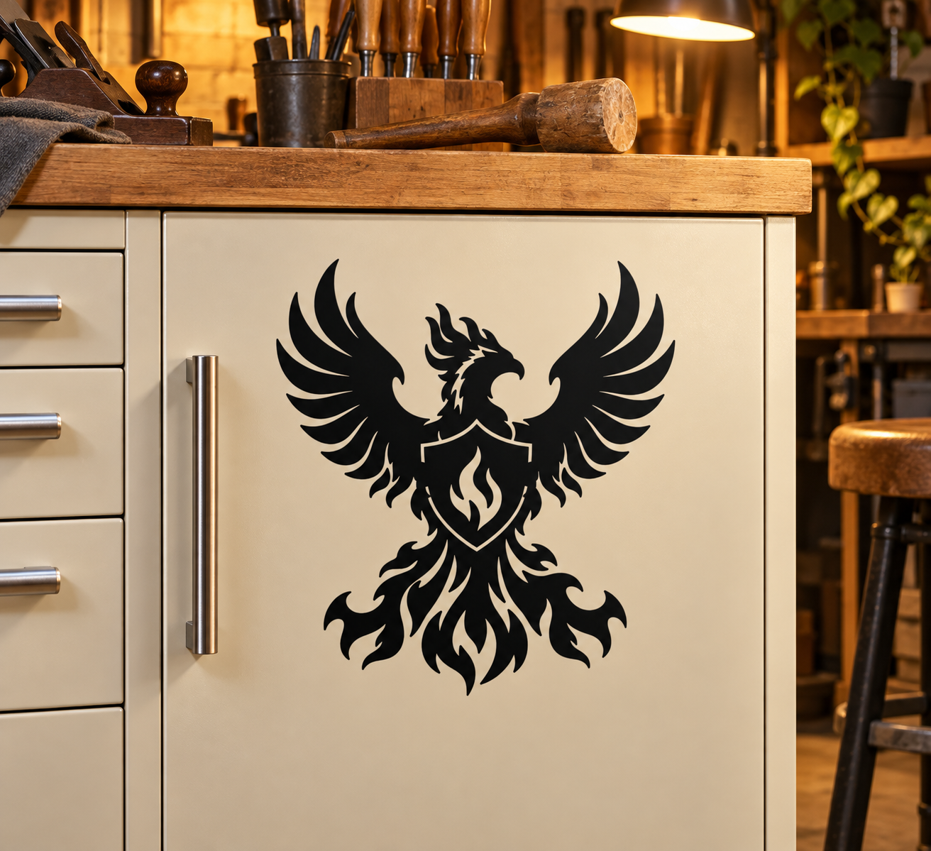 Shielded phoenix vinyl decal with black wings and flame shield on a cabinet door.
