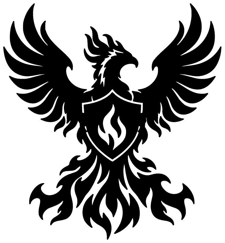 Shielded phoenix vinyl decal close-up with black wings, shield, and flames.