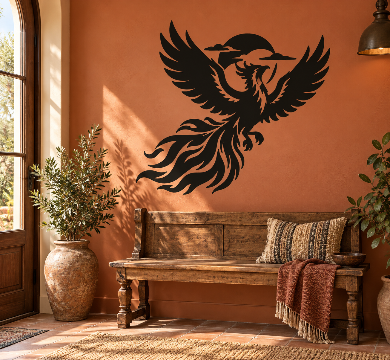 Soaring phoenix vinyl decal with long tail and wings, dark and warm orange-brown tones