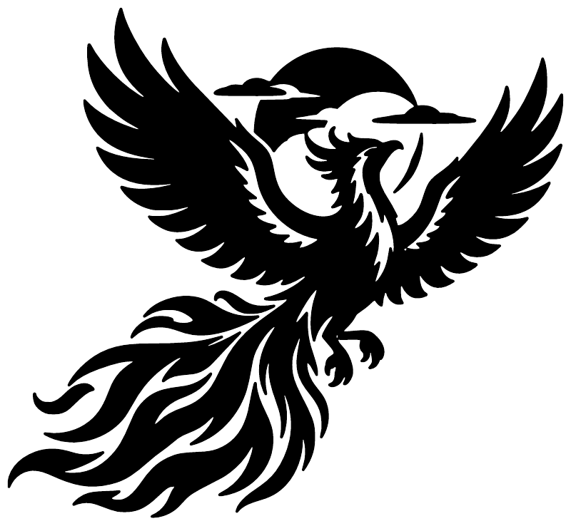Soaring phoenix vinyl decal, high-contrast black-and-white silhouette with long flowing tail