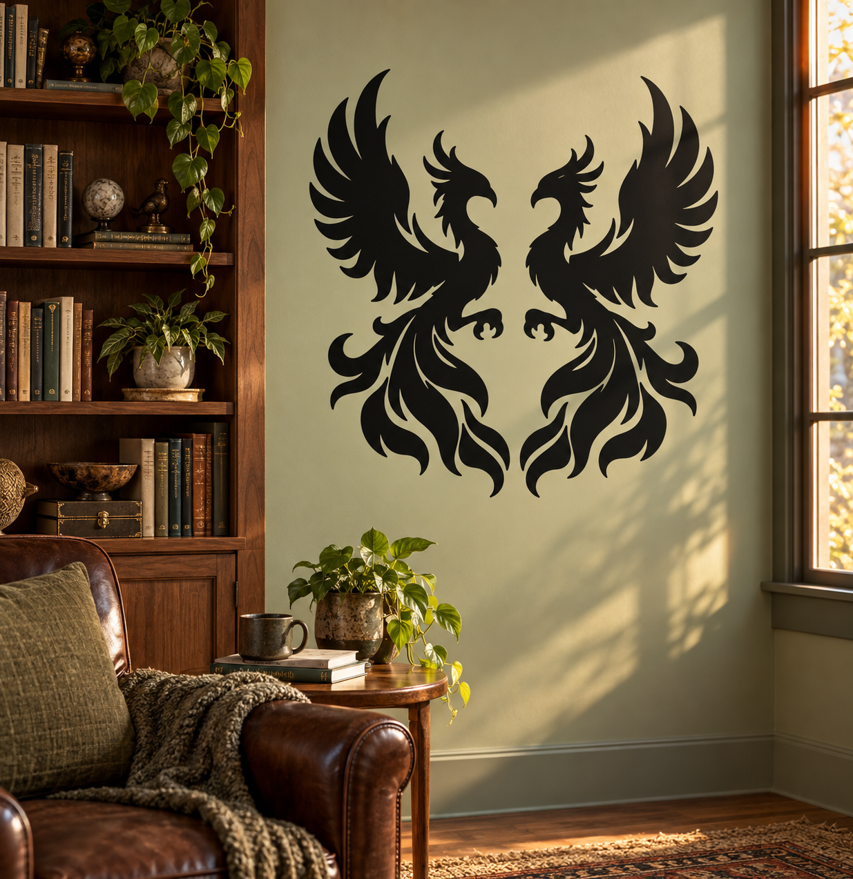 Black phoenix pair balance vinyl decal for wall decor, symmetrical wings and flames