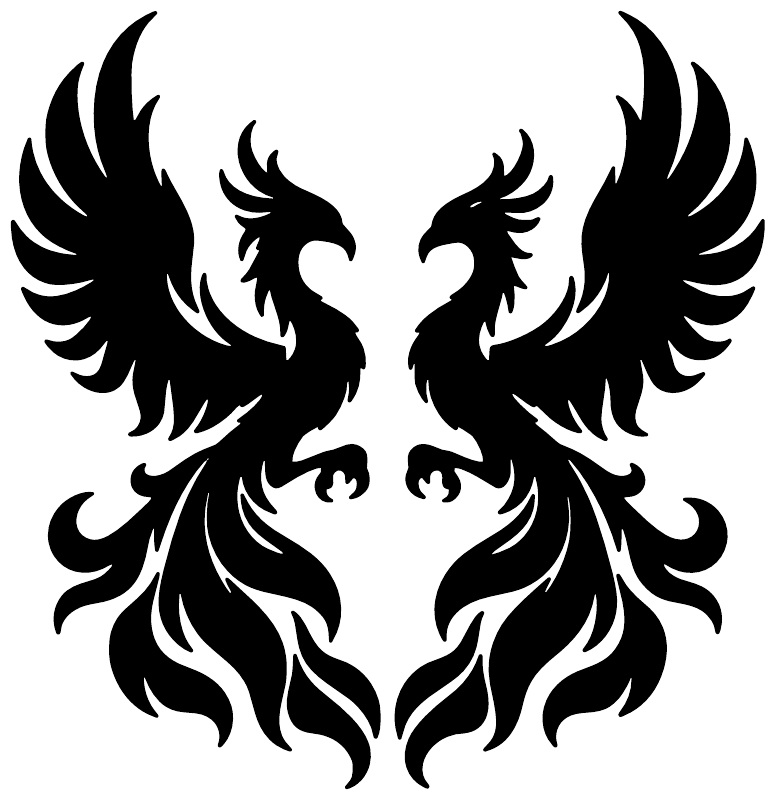 Black phoenix face pair vinyl decal, mirrored wings and flame details, cutout shape