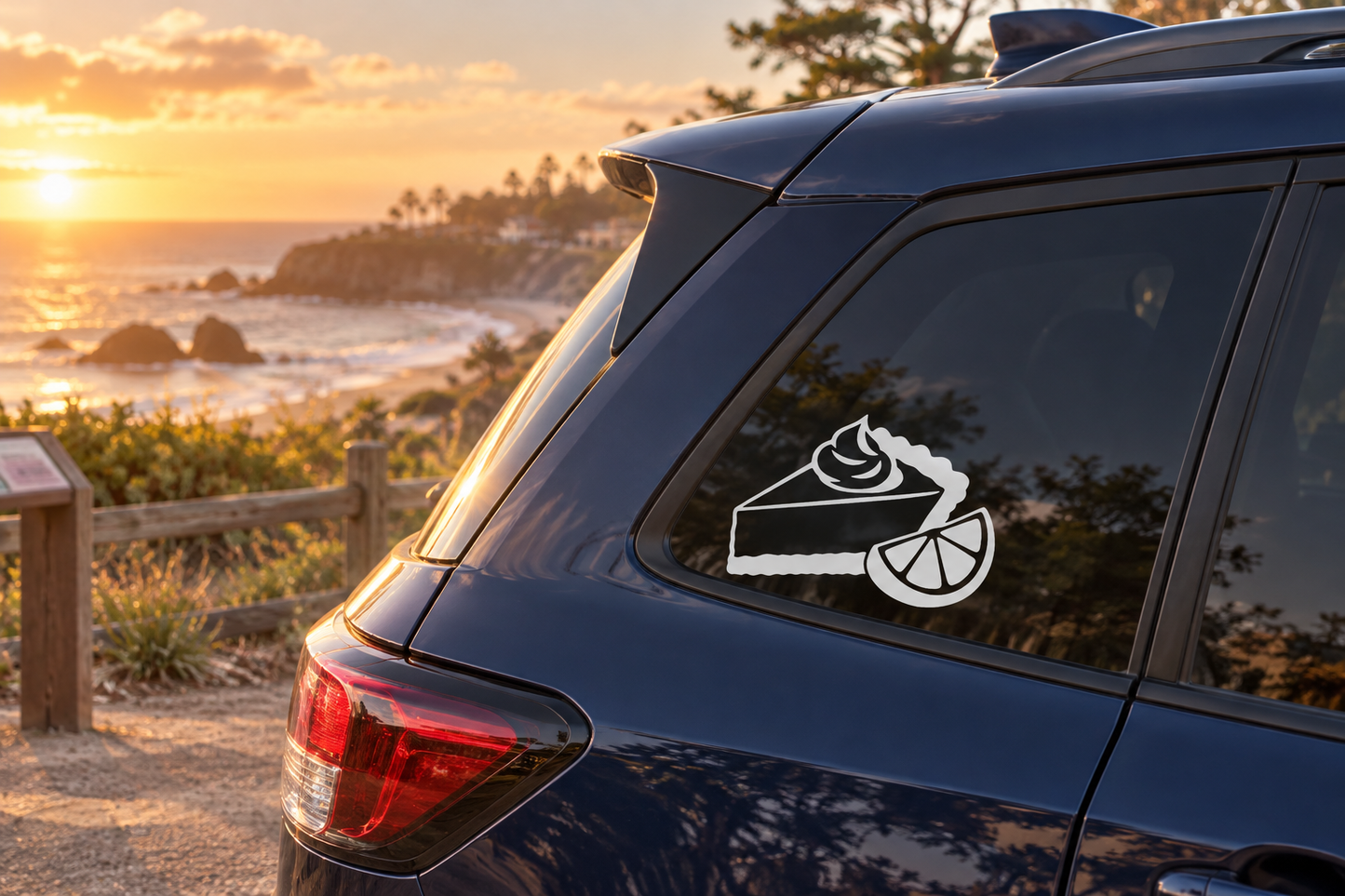 White pie slice and lime wedge vinyl decal on car rear window