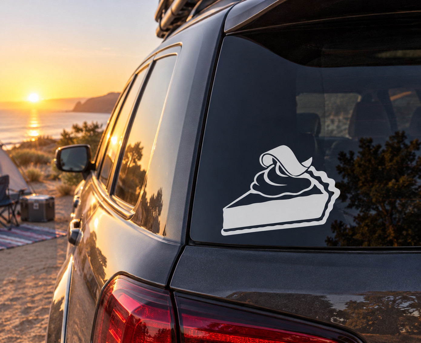 Vinyl pie-slice decal sticker on car rear window, white outline with dark ribbon