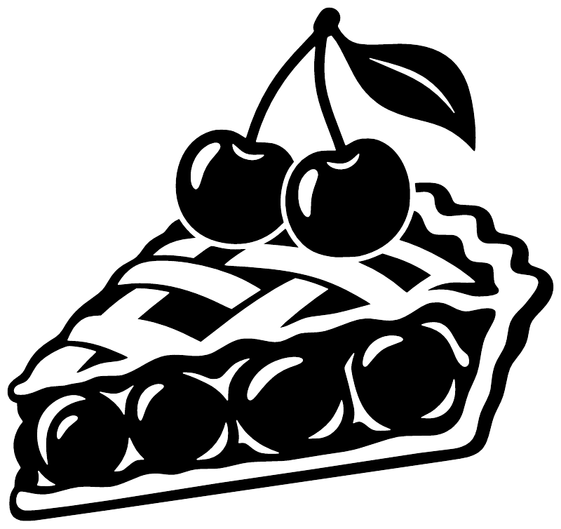Black-and-white cherry pie slice vinyl decal, bold outline cherries on filling