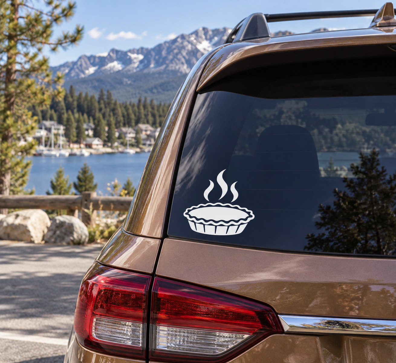Vinyl decal of a pumpkin pie with three flame icons for car rear window