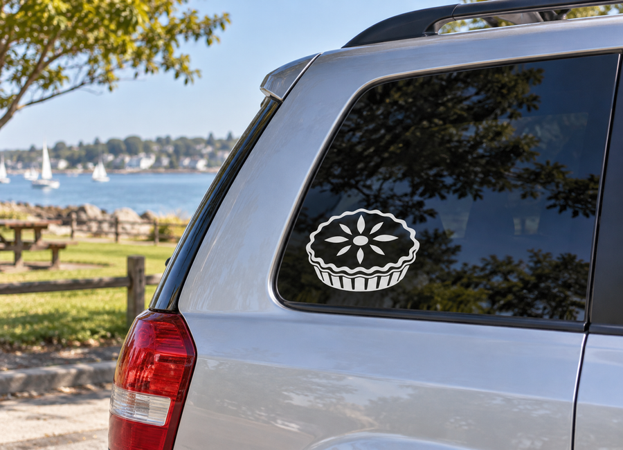 Vinyl pie decal on car window, white pie graphic with black outline