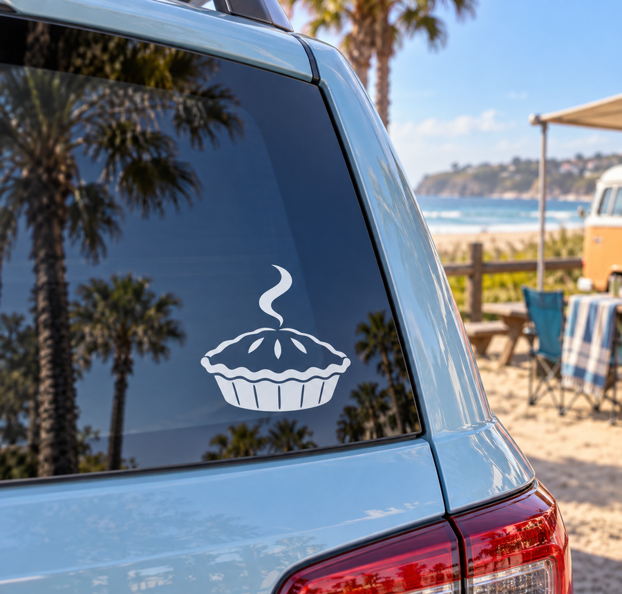 Vinyl pot pie decal, white line-art pie with steam and scalloped crust