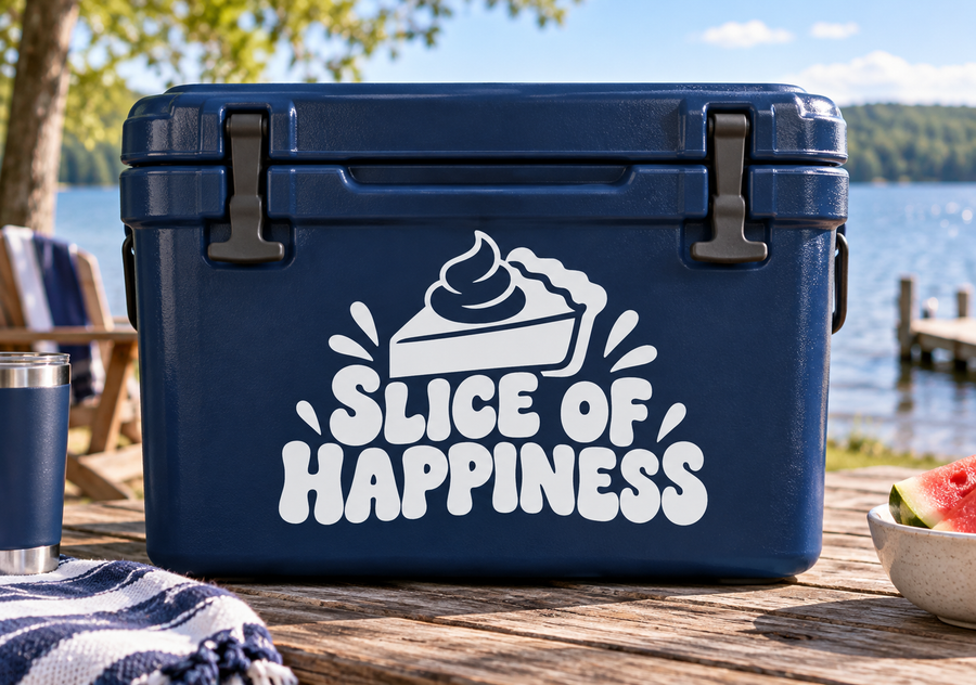 White Slice of Happiness pie logo vinyl decal on dark blue cooler