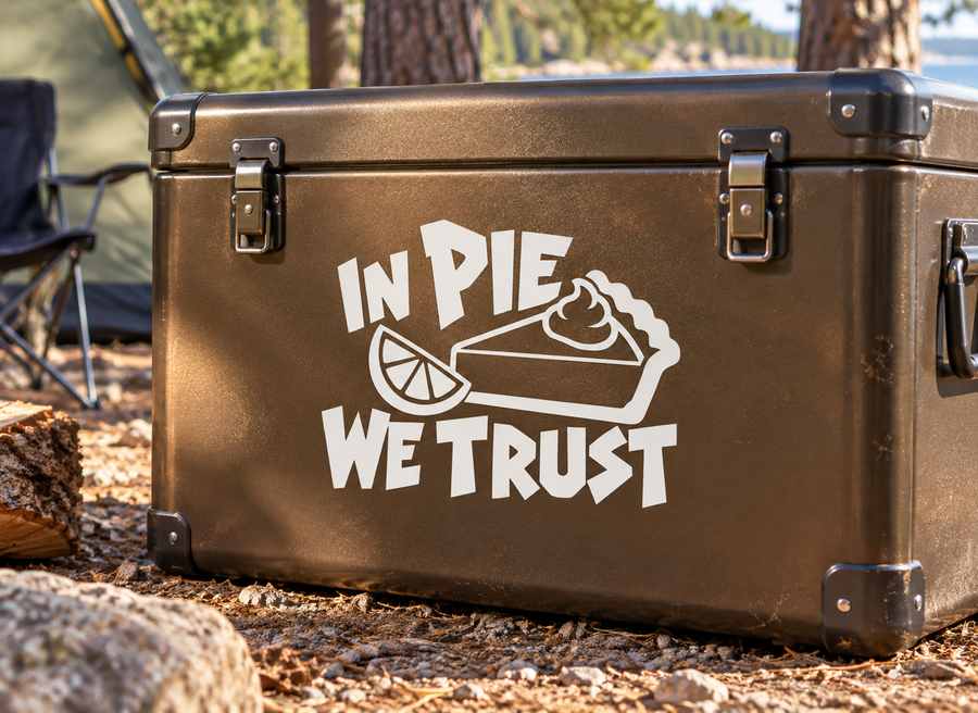 Vinyl decal with "IN PIE WE TRUST" text and pie-slice icon, white on dark