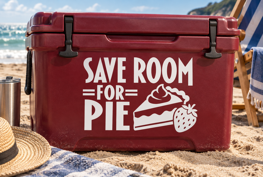 Vinyl decal with "SAVE ROOM FOR PIE" text and pie slice graphic