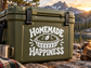 Vinyl decal with 'Homemade Happiness' text and pie icon on green cooler.