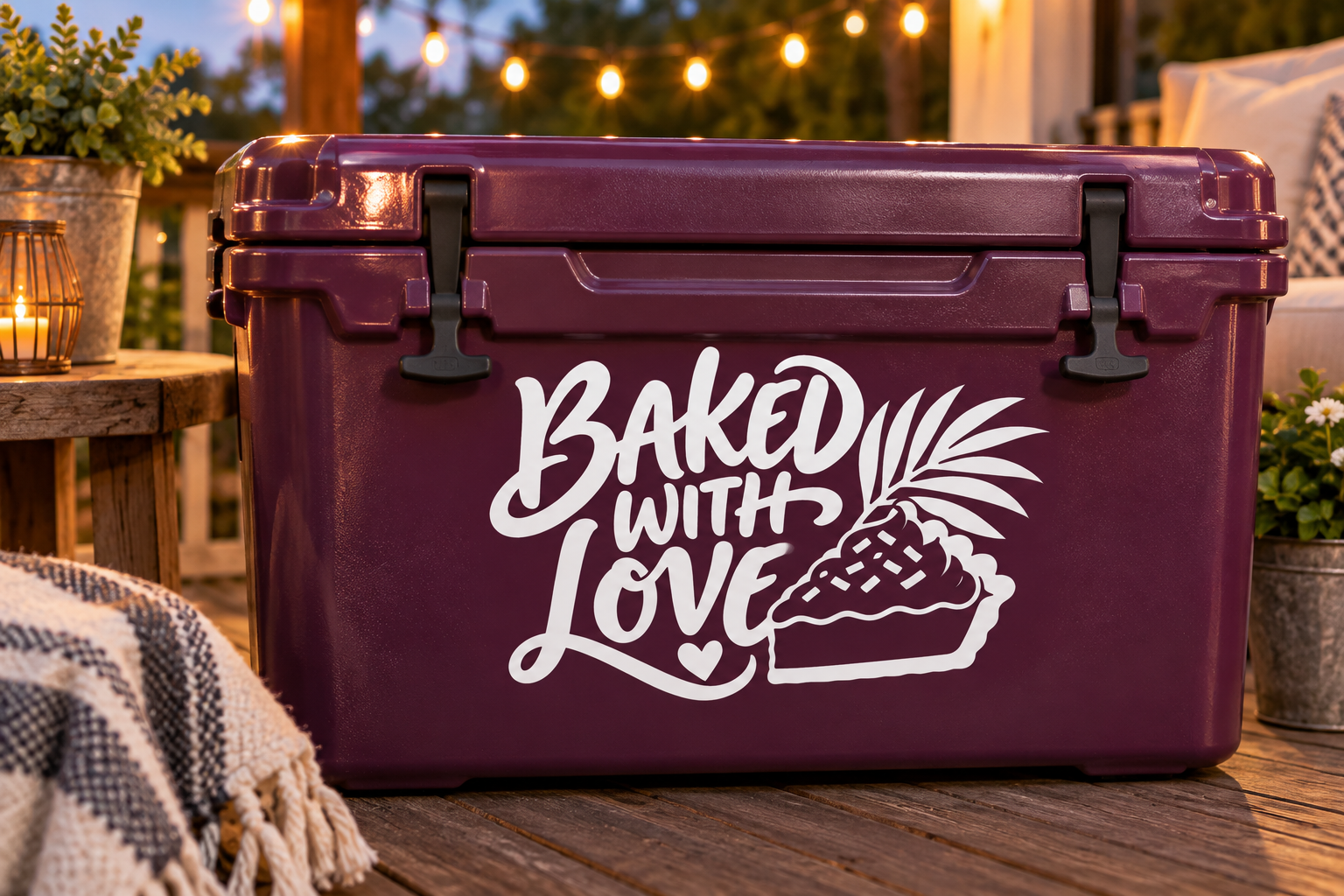 Vinyl decal: "Baked with Love" text with pie slice and leaf illustration