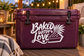 Vinyl decal: "Baked with Love" text with pie slice and leaf illustration