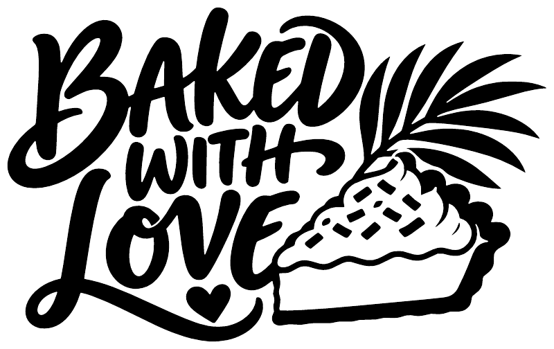 Vinyl decal closeup: black "Baked with Love" lettering with pie slice and heart