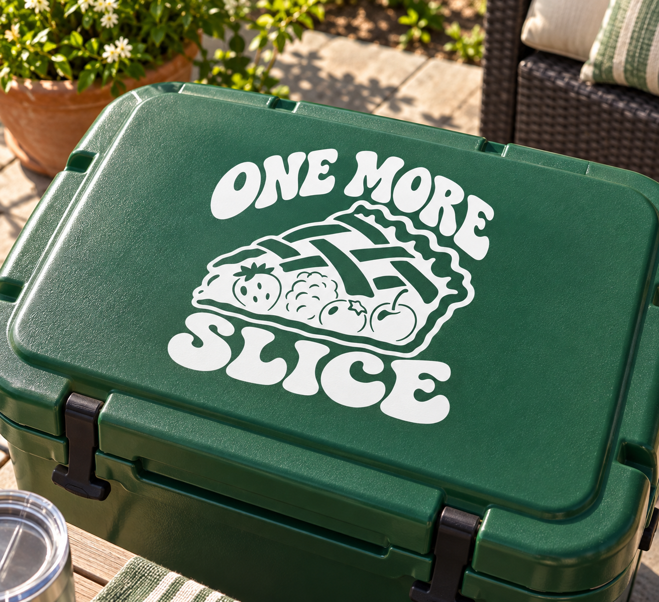 Green lunchbox with white "ONE MORE SLICE" decal and pie-slice illustration
