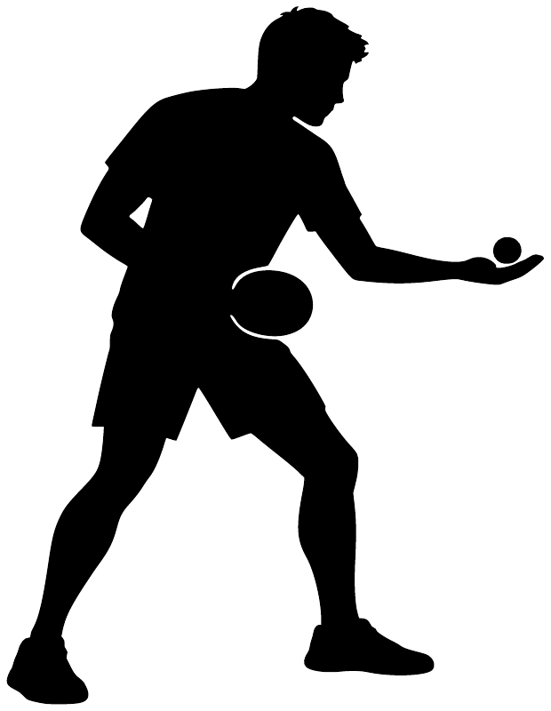 Ping pong vinyl decal player silhouette holding a paddle and ball, black on white
