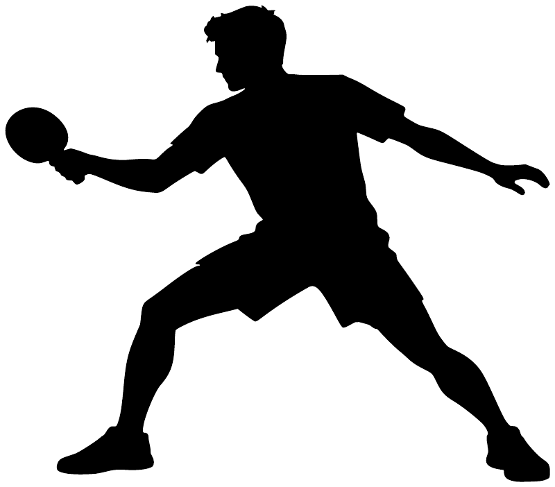 Black ping pong player vinyl decal silhouette, forehand posture with paddle