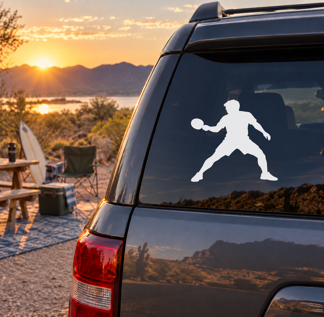 Vinyl ping pong practice stance decal—white paddle player silhouette on car window