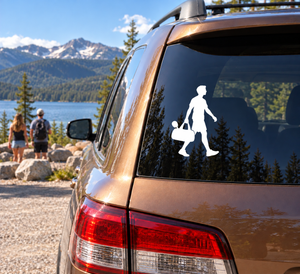 White woman holding ping pong paddle vinyl decal for car window