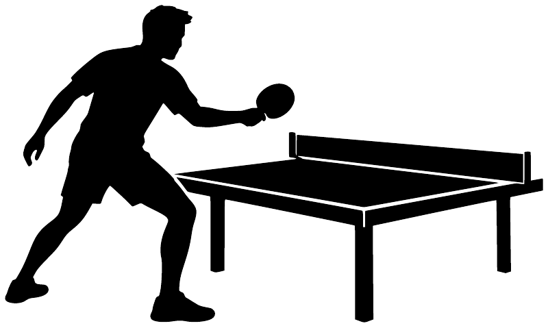 Black silhouette ping pong vinyl decal with player, table tennis table, and ball