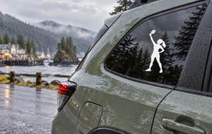 White ping pong player silhouette vinyl decal on car window