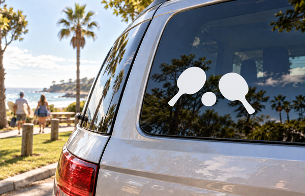Pair of black ping pong paddle and ball vinyl decals for car windows