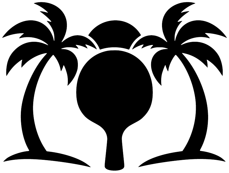 Black and white vinyl decal of two palm trees around a ping pong paddle.