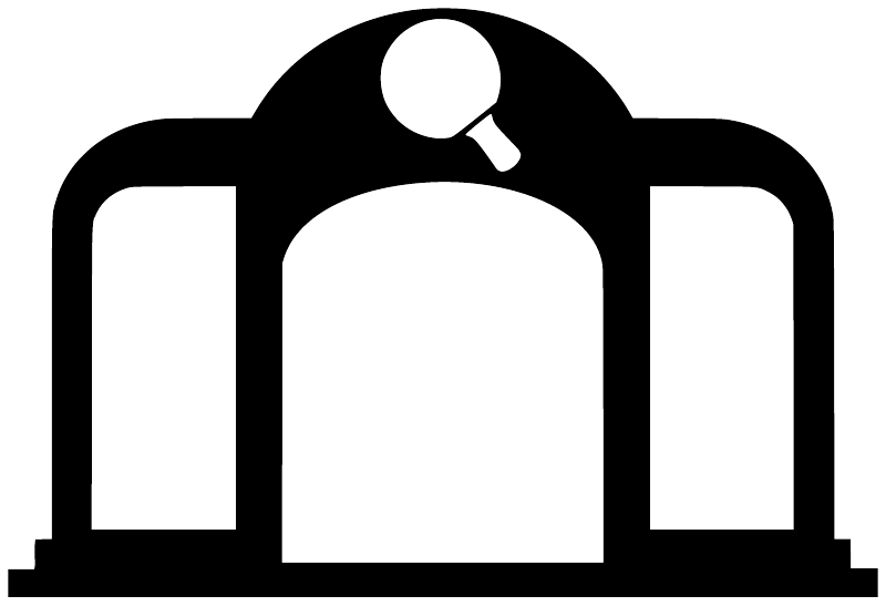 Arched door vinyl decal graphic with seated player holding a paddle, black and white