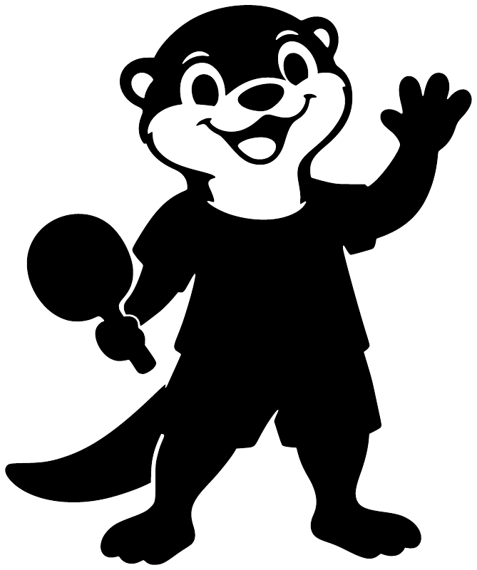 Black cartoon otter vinyl decal holding a ping pong ball, raised hand pose