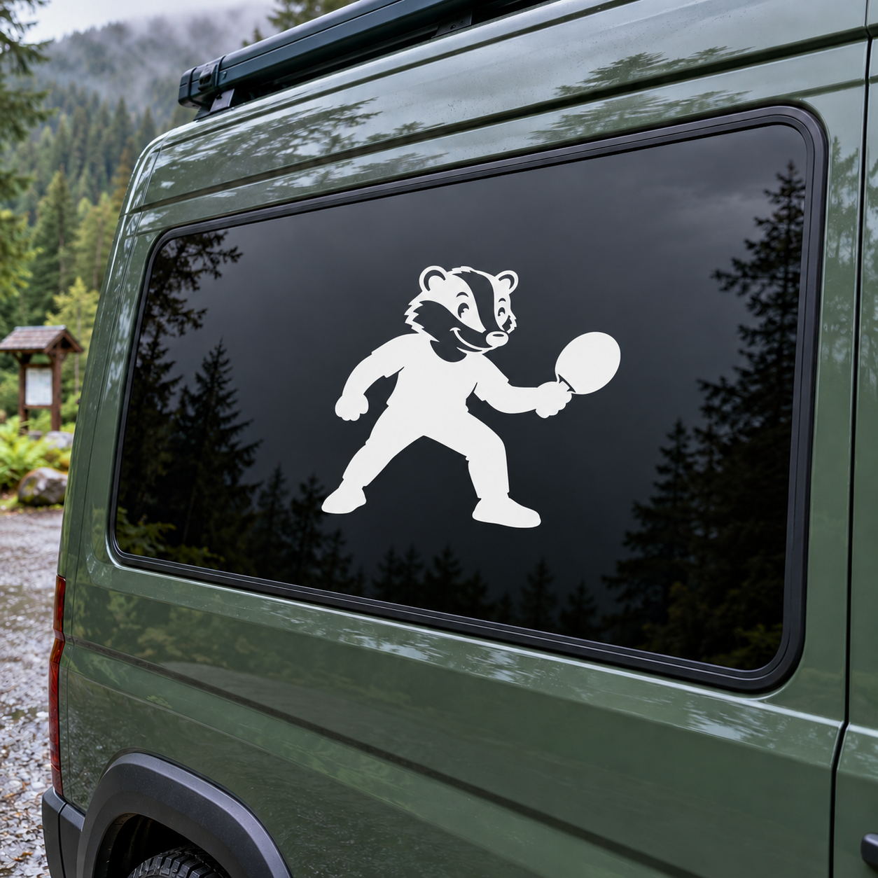 Badger holding ping pong paddle vinyl decal on car side window