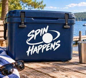 Vinyl decal: 'SPIN HAPPENS' text with ping-pong paddle and ball graphic on blue cooler