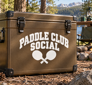 Social ping pong paddle club vinyl decal on tan cooler trunk with paddles and text