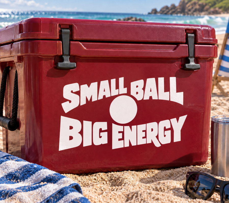 Red vinyl decal with white "SMALL BALL BIG ENERGY" text and circle icon