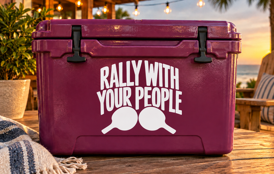 White 'RALLY WITH YOUR PEOPLE' vinyl decal with two ping pong paddles