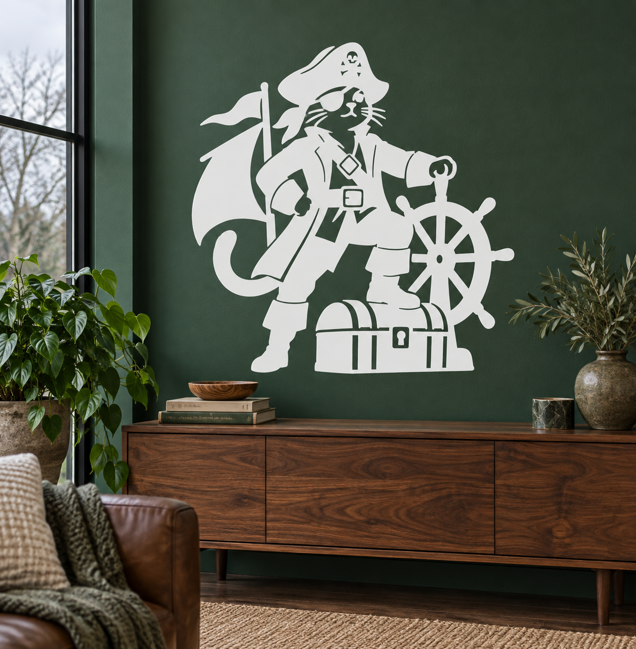 White pirate cat captain vinyl decal with tricorn, cutlass, ship wheel and treasure chest